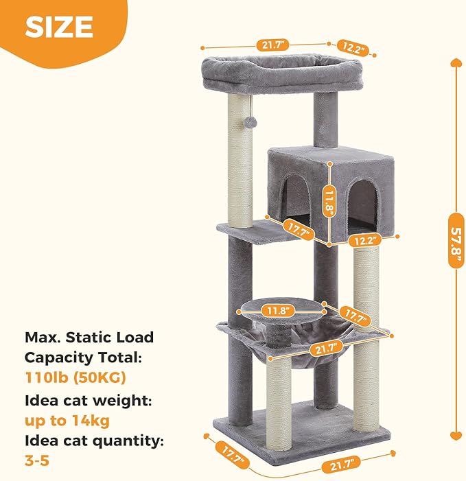 Large Cat Tree for Indoor Cats Large Adult, 57.8" Heavy Duty Cat Tower with Reinforced Scratching Posts (φ3.2in) and Plush Larger Hammock for Maine Coon & Big Cats, Supports 30lbs, Grey