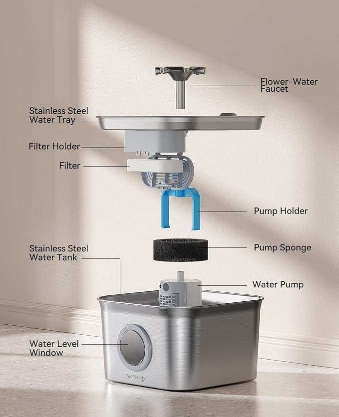 Stainless Steel Cat Water Fountain for Drinking with 9 Filters, 2.8L Auto Pet Drinking Fountain for Cats with 20dB Ultra-Quiet Pump, 24/7 Circulation Filtration LED Water Level Window Dishwasher Safe