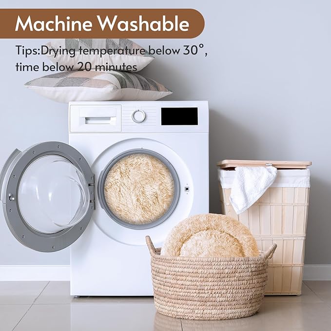 JOLLYVOGUE Calming Dog Bed Large Size Dog, Anti-Anxiety Donut Large Pet Bed, 36 inches Fluffy Faux Fur Round Cat Bed, Fits up to 75 lbs Pets (Off White)