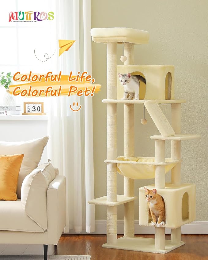 71" Tall Cat Tree for Large Cat 20 lbs with Super Large Hammock, Heavy Duty Cat Tower with 4 Sisal Scratching Posts & 2 Spacious Condos for Big Adult Cats Maine Coon-Beige