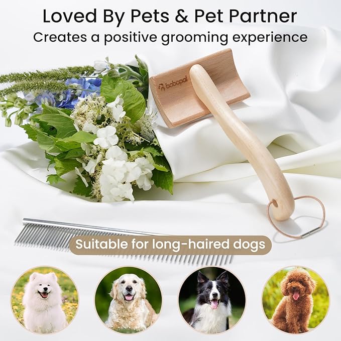 Dog Slicker Brush for Shedding,Dog Brush for Long Haired Dogs & Remove Tangles & Mats,Ergonomic Handle Grooming Like Professional,Beech Wood,L