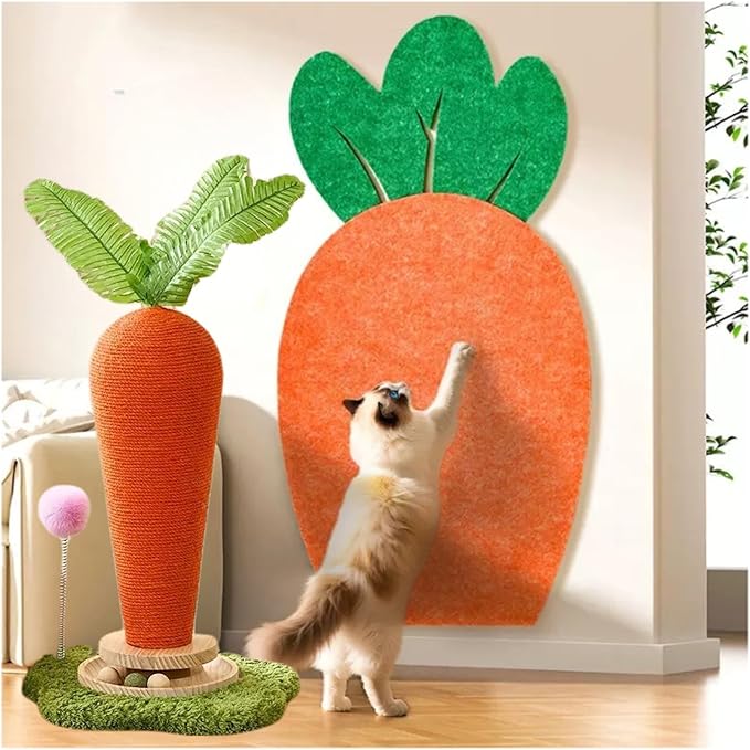 Carrot Cat Scratching Post and Wall Mounted Scratching Mat, Cute Tall Scratching Post,Indoor Nature Sisal Cat Scratcher for Cats and Kittens