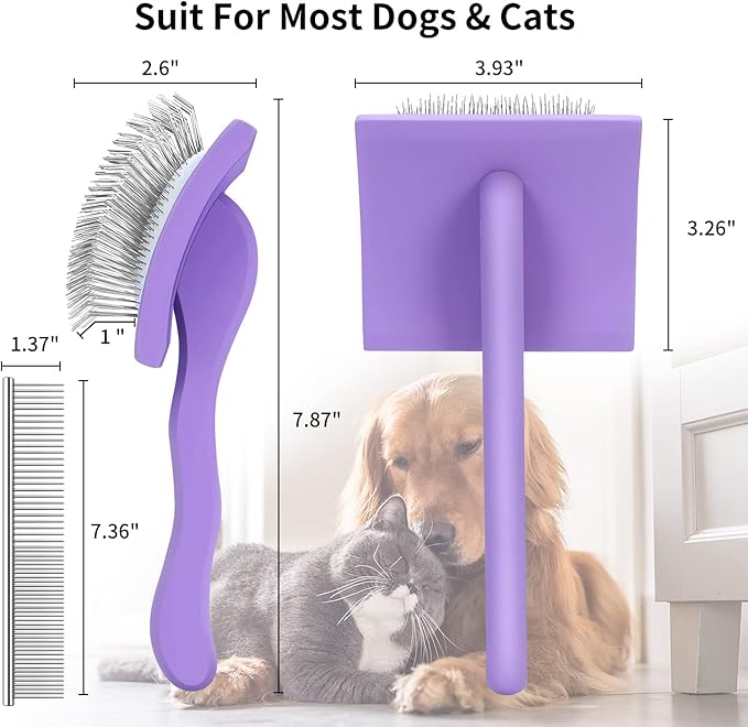 2 PCS Slicker Brush for Dogs & Pet Comb, Long Pins Dog Grooming Brush for Goldendoodles, Poodles, Labradoodles, Perfect to DeShedding, Dematting & Reducing Tangles. Large, Purple