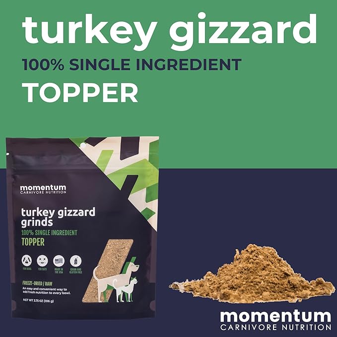 Momentum Carnivore Nutrition Freeze-Dried Turkey Gizzard Pet Food Topper – Single-Ingredient, All-Natural Topper – High-Protein for Dogs and Cats, Grain-Free and Made in The USA– (3.75 oz Bag)