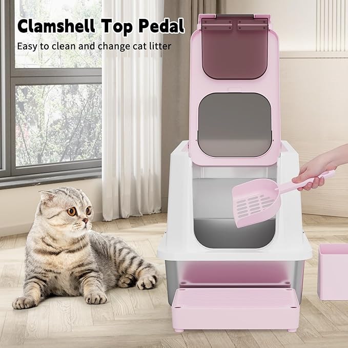 RIZZARI Enclosed Cat Litter Box: Large Top & Front Entry with Odor Control - Stainless Steel with Teflon Non-Stick Coating - High-Sided Pink Litter Pan for Multi-Cat Homes - for Apartments Hallways