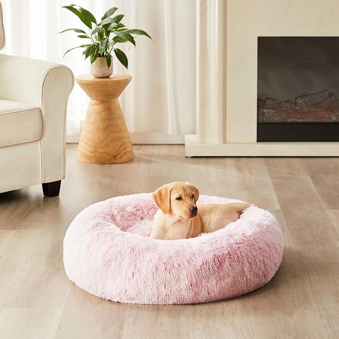 WNPETHOME Donut Dog Beds Large Sized Dog,Anti-Anxiety Caming Large Pet Bed,Fluffy Faux Fur Plush Puppy Bed,Warming Cozy Soft Round Bed for Pet, Cat Cuddler Cushion