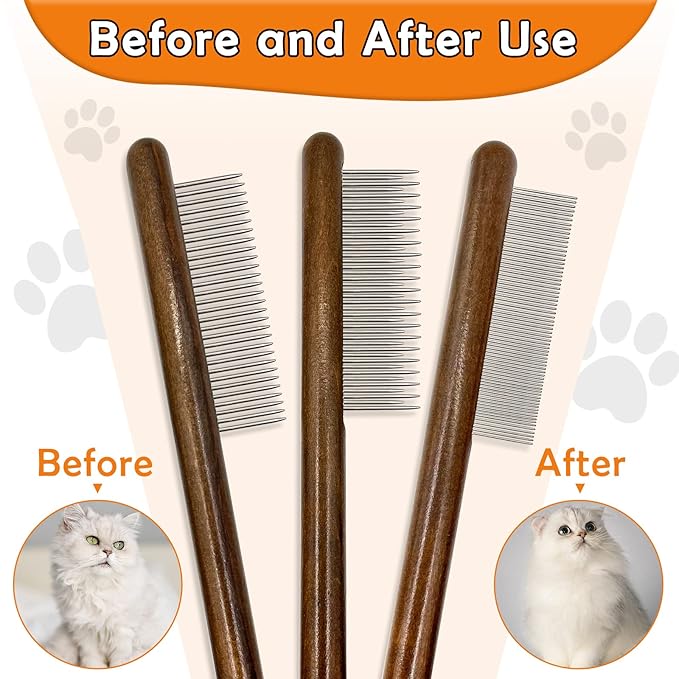 3 Pack Solid Wood Cat Combs, Stainless Steel Teeth for Cat Dog Rabbit Massage, Flea Lice Comb Removes Mats, Tangles and Loose Fur, Grooming Comb for Small Medium Pets