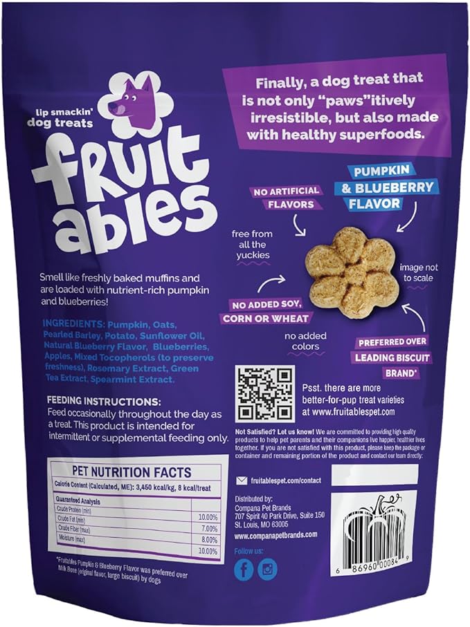 Fruitables Baked Dog Treats, Healthy Pumpkin Treat for Dogs, Low Calorie & Delicious, No Wheat, Corn or Soy, Made in the USA, Pumpkin and Blueberry Flavor, 12oz