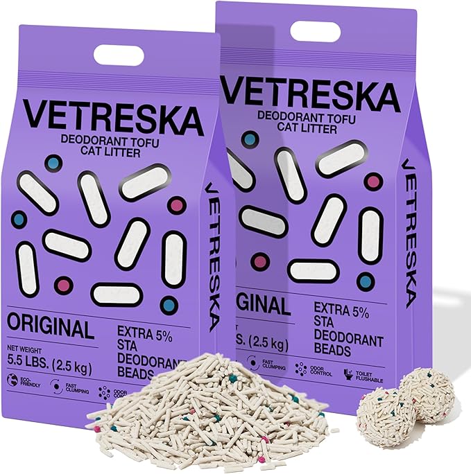 VETRESKA Tofu Cat Litter,Kitty Litter Flushable Strong Clumping Cat Litter Pellets Ultra Absorbent,Dust-Free Tofu Litter,Original(5.5lb×2bags)