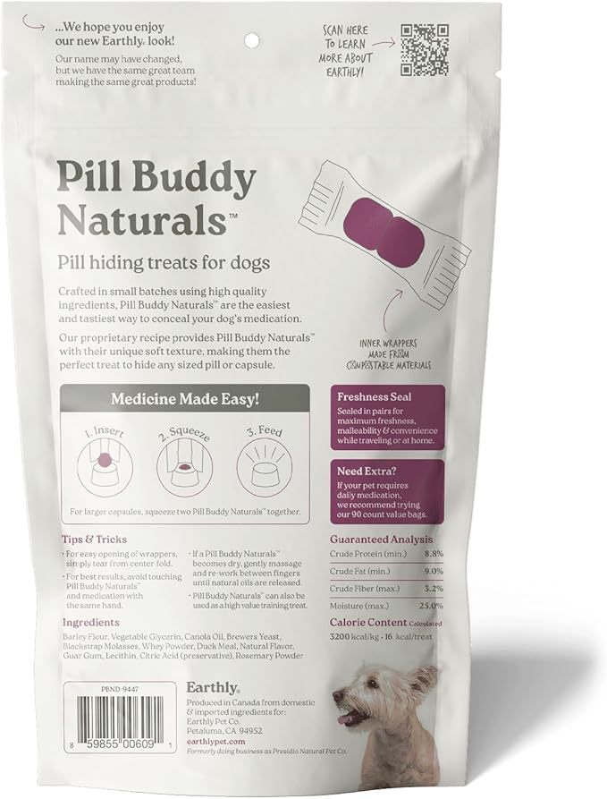 Earthly Pill Buddy Naturals - Duck (Chicken-Free) Pill Hiding Treats for Dogs - Pill Pocket for Any Size Medication - 30 Servings
