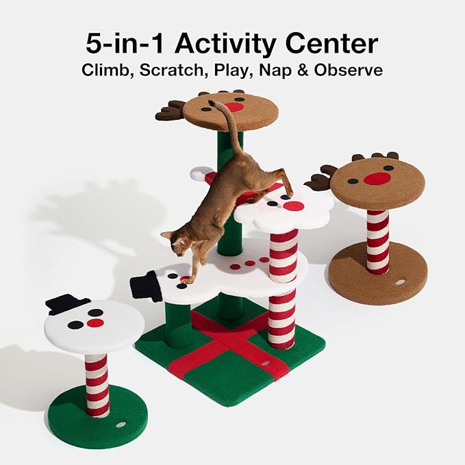 VETRESKA Christmas Cat Tree for Indoor Cats, 38.6" Multi Level Soft-Touch Cat Tower with Scratching Post, Large Scratching Post, Santa Claus, Reindeer and Snowman