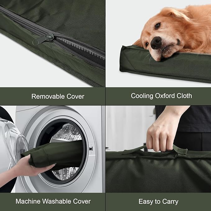 Outdoor Dog Bed for Small Dogs & Cats, Waterproof Dog Crate Mat Orthopedic Egg Crate Foam with Washable Removable Oxford Cover, Dark Green
