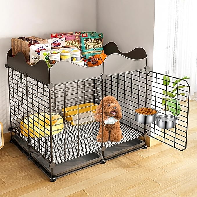 Dog Kennel Food and Water Bowls, 2 Pack Hanging Metal Dog Bowls No Spill, Stainless Steel Pet Dish for Small & Medium Breed Pets (6.3 x 2.6” & 5.5 x 2.4”)