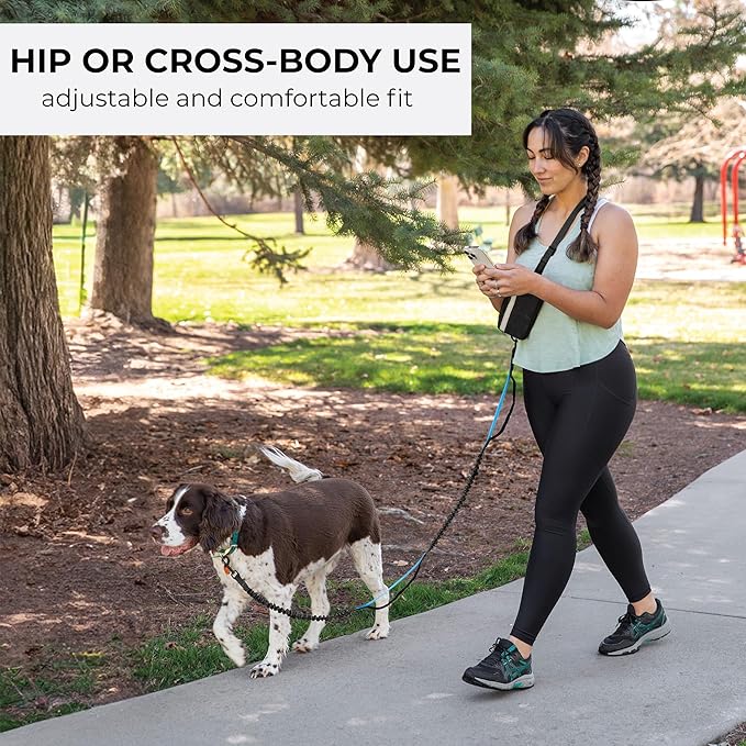 Squirrel Products Hands Free Dog Leash with Hip Belt/Crossbody Strap, Zipper Pouch, and Shock Absorbing Bungee for Walking or Jogging with pet (Black, Blue)