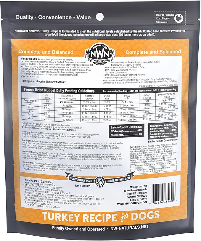 Northwest Naturals Freeze-Dried Turkey Dog Food - Bite-Sized Nuggets - Grain-Free, High-Protein, Raw Diet, Human-Grade, Limited Ingredients, All Natural, Healthy & Nutritious, Made in USA, 12 Oz