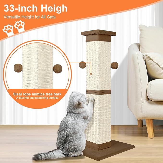 Cat Scratching Post 33 Inch Nature Sisal Cat Scratch Post for Indoor Cats, Large Cat Scratcher Protect Your Furniture, for All Breeds Brown
