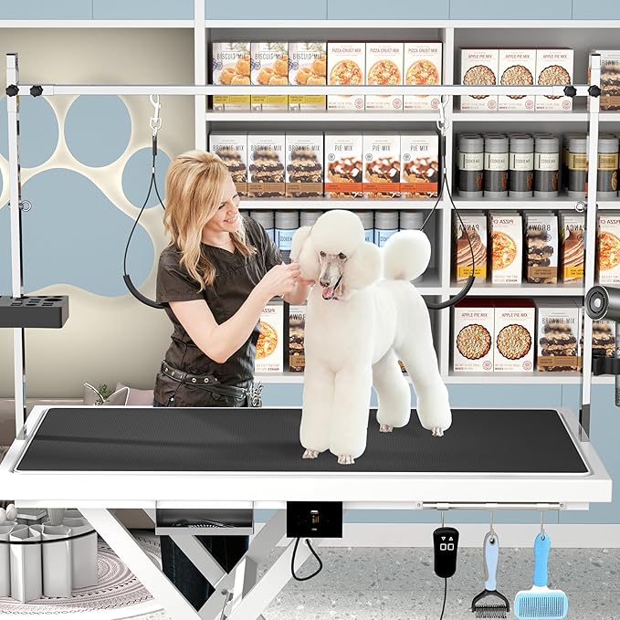 50" Electric Dog Grooming Table 9"- 37" Height Adjustable Heavy Duty Professional Lift Dog Grooming Table for Large Dogs with 2 Nooses, 4in1 Comb & Nail Care Set, Blow Dryer Clip White
