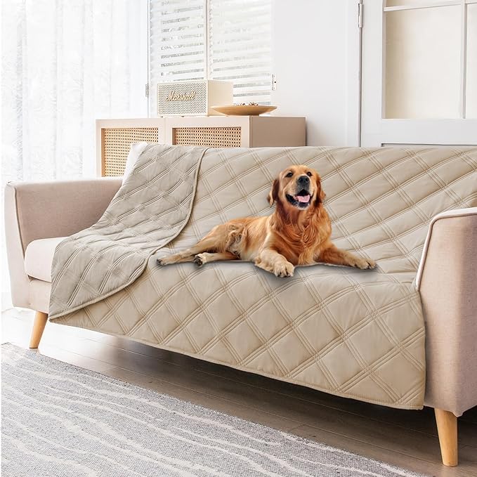 fuguitex Waterproof Dog Blanket Reversible for Small Dogs Resistant Leakproof Washable Couch Cushion Bed Protector Cover for Indoor Furniture Pet Friendly(82"*82",Beige+Khaki