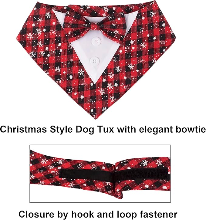 ADOGGYGO Christmas Dog Tuxedo Bandana, Red Plaid Pet Chritstmas Tux with Bowtie Adjustable Christmas Formal Costume for X-Small Dogs Pets (XS)