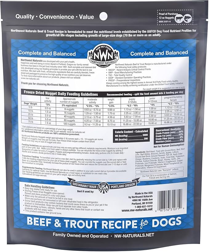Northwest Naturals Freeze-Dried Beef & Trout Dog Food - Bite-Sized Nuggets - Grain-Free, High-Protein, Raw Diet, Human-Grade Ingredients, All Natural, Omega-3 for Skin & Coat - 12 Oz (Pack of 2)