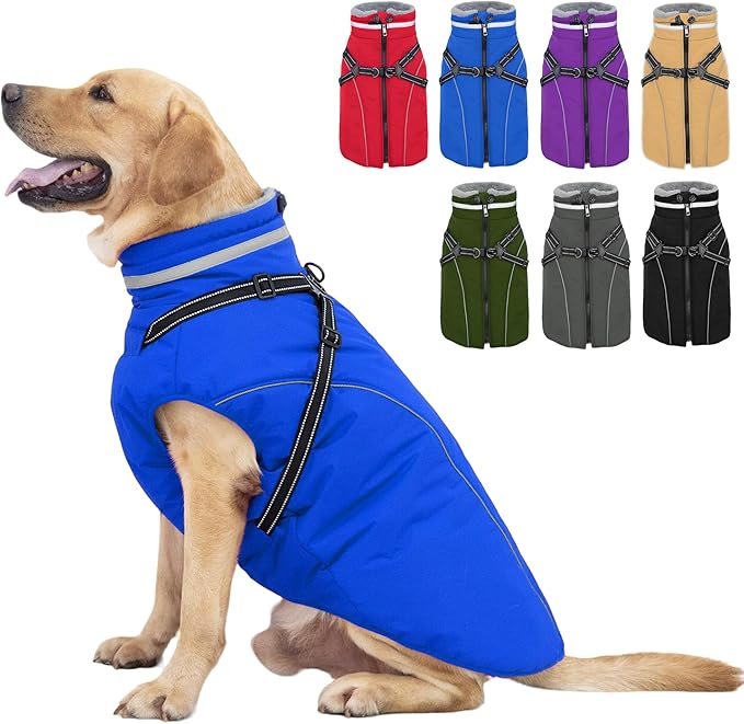Fragralley Dog Coat with Harness Built in, Waterproof Windproof Reflective Warm Puffer Jacket, Fleece Lined Vest Winter Parka for Small, Medium, Large Dogs