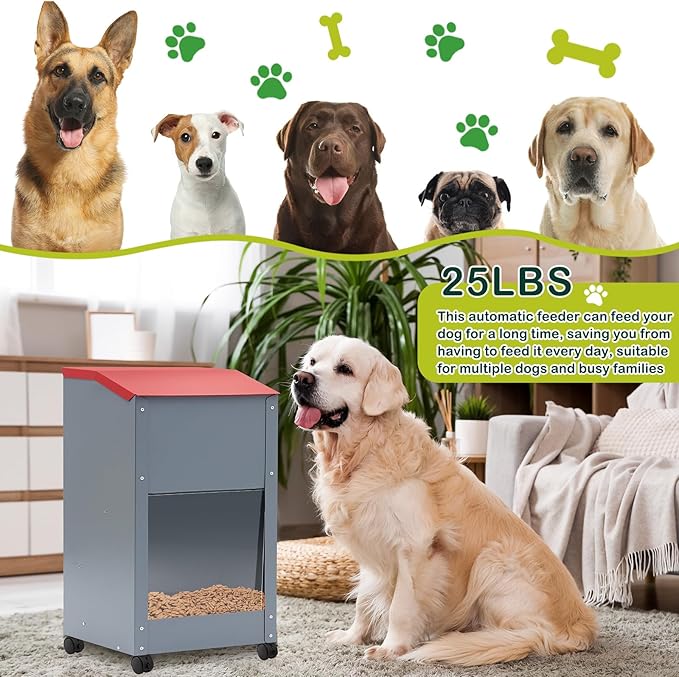 2 Pcs 25 Lbs Large Galvanized Automatic Dog Feeder Dog Food Dispenser Handle Wheel Acrylic Panel Galvanized Gravity Feeder Thickened Rust Proof Outdoor Hanging for Doggie Food Container