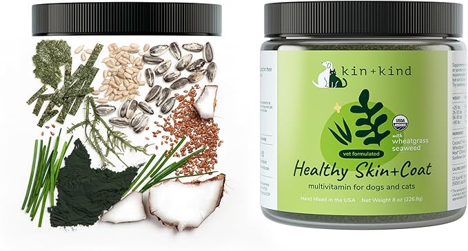 kin+kind Skin and Coat Supplement for Dogs & Cats – Natural Vitamin Supplements with Organic Ingredients for Shiny Fur, Moisturized Skin & Overall Pet Wellness – Dog Essentials & Cat Essentials 3x8 oz