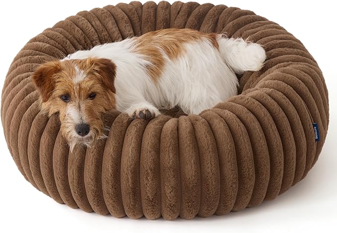 Bedsure Donut Small Dog Bed - Dog Beds for Small Dogs with Corduroy Fleece & Anti Slip Bottom, Round Faux Fur Pet Beds with Washable Removable Cover, Camel Brown, 27x27x8 inches