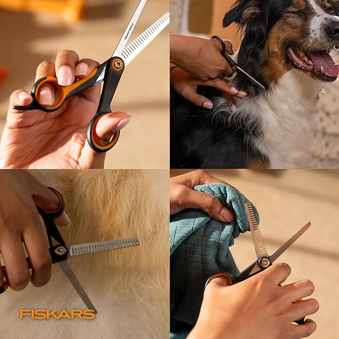 Fiskars Pet Blending Scissors, Dog and Cat Grooming Scissors, Serrated Teeth for Thinning & SoftGrip Handle, Cat and Dog Supplies, 6.5”, Orange/Black