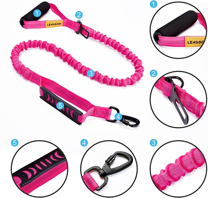 6FT Highly Reflective Heavy Duty Elastic Bungee Medium and Large Dog Leash Shock Absorbing with Comfortable Padded Handle and Traffic Handle Suitable for Training Hot Pink