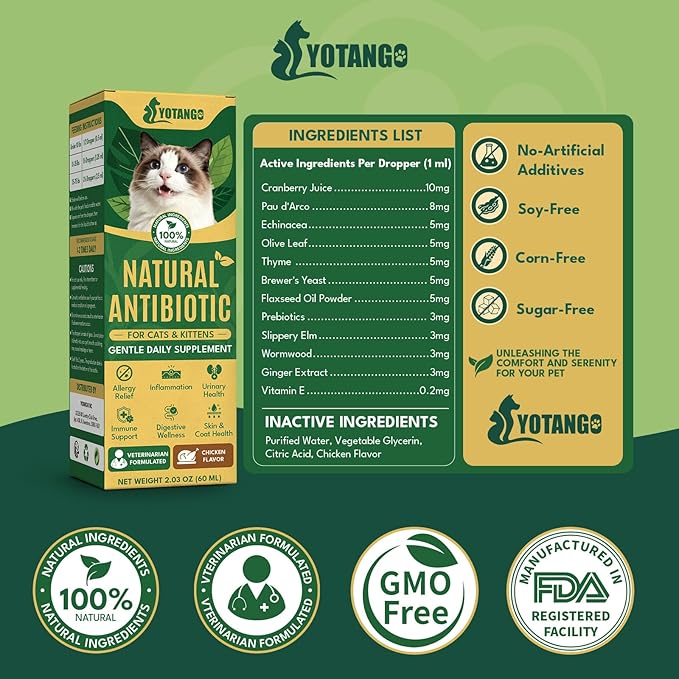 YOTANGO Natural Antibiotics for Cats, Cat Antibiotics for UTI & Itch Support, Immune, Digestive, Allergy, Skin & Coat Support for Cats and Kittens, for All Ages & Breeds (Chicken Flavor-60ml)