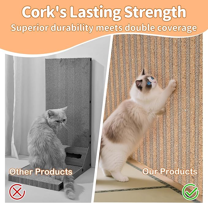 Cork Cat Scratcher Boards for Wall & Floor - Natural Cork & Cardboard Blend, No Mess Splinters, Durable Easy Clean - Adjustable Height for All Cats, Furniture Protectoră3-Packă