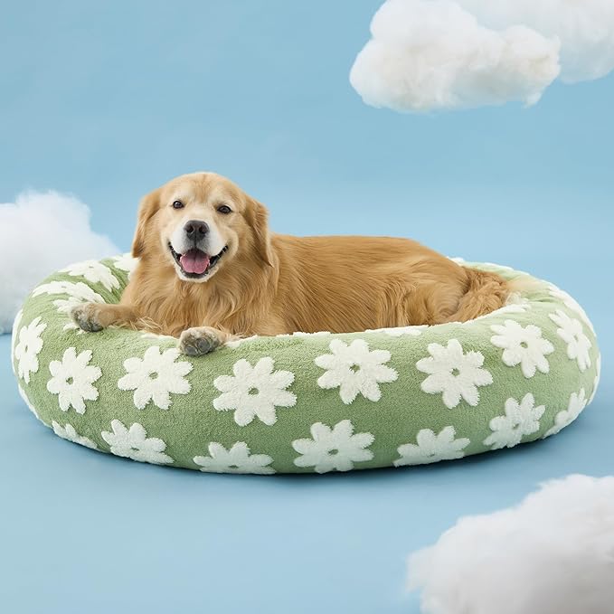 LE SURE Donut Dog Beds Extra Large Sized Dog - Round Pet Beds for Calming Puppy with Washable Cover, Orthopedic Modern Beds with Jacquard Shaggy Plush & Anti Slip Bottom, 42 Inch,Green