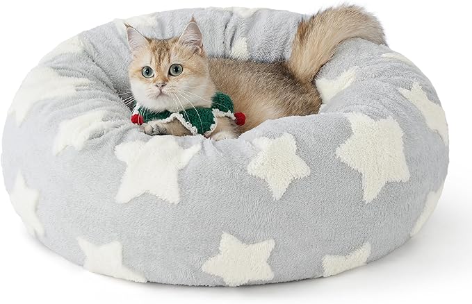LE SURE Donut Small Dog Bed - Round Cat Sofa for Indoor Cats Anti-Anxiety Bed Gift for Pets, Washable Cute Modern Beds with Jacquard Shaggy Plush & Anti Slip Bottom, 20 Inch, Christmas Grey