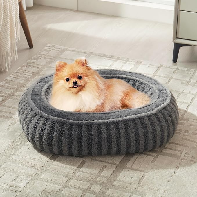 Small Dog Beds for Small Dogs, Washable Cat Beds for Indoor Cats with Anti-Slip Bottom, Supportive Soft Calming Sleeping Pet Bed for Puppy and Kitten, 21 inches, Grey