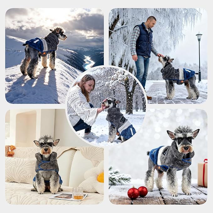 FOFOS Dog Winter Coat, Plush Dog Jacket with Leash Hole, Adjustable Warm Pet Snow Vest for Small Medium Dogs, Gray, S