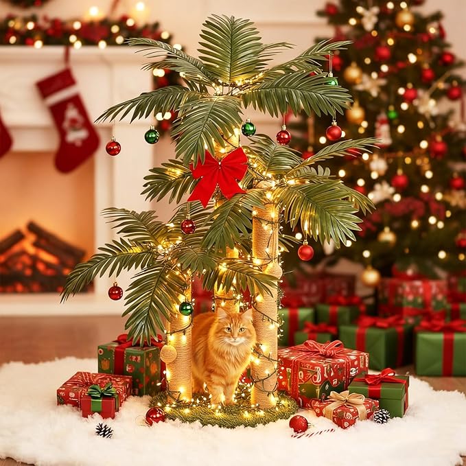 31.5Inch Cat Scratching Post,Cat Scratcher Tree with 3 Scratching Poles & 2 Interactive Dangling Balls,Cats Scratching Posts for Indoor Kitten & Adult Cats