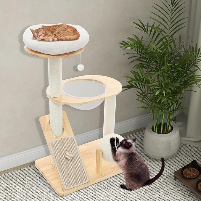 Wood Cat Tree Tower with Scratching Posts, Modern Natural Wood Cute Multifunctional Cat Tree Tower, Cat Scratcher & Resting Platform, Multifunctional Cat Tree for Indoor Cats (02 Style)