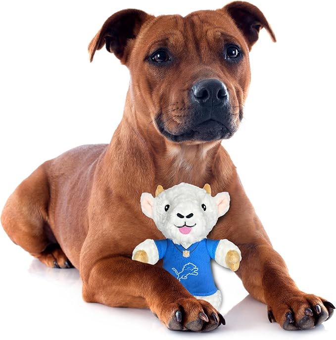 Pets First NFL Detroit Lions Goat Plush Toy for Dogs and Cats with Squeaker, Wearing a Team Jersey! Fun & Sporty Goat Shaped Dog Chew Toy, Interactive Pet Toy