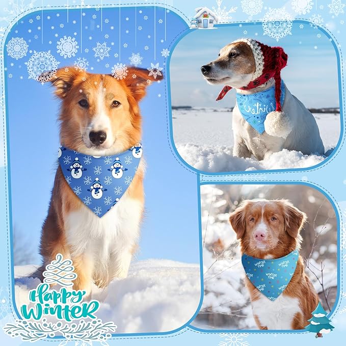 Preboun 200 Pcs Winter Dog Bandanas Bulk Blue Snowflakes Snowmen Bandanas for Dogs Triangle Kerchief Bibs Scarf for Pet Costume Photo Props Accessories Grooming Services Pet Shops Groomers, 25 Styles