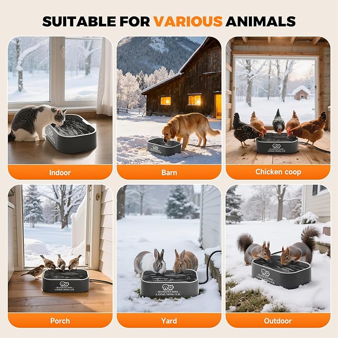 1.45 Gallon Extra-Large Heated Water Bowl for Dog&Cat,Outdoor Heated Dog Bowl with Anti-Chew Cord,Waterproof Heated Pet Bowl Provides Drinkable Water in Winter for Chickens,Squirrels,Rabbits,Grey