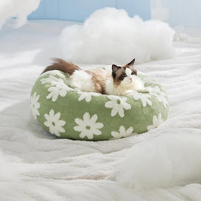 LE SURE Donut Cat Beds for Indoor Cats - Round Small Dog Bed Calming Gift for Pets, Cute Modern Beds with Jacquard Shaggy Plush & Anti Slip Bottom, 20 Inch, Green