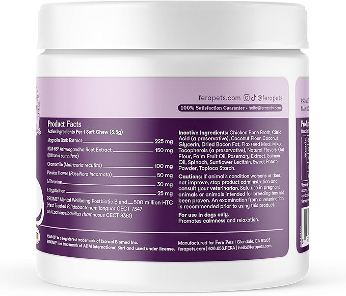 Fera Pets Dog Calming Chews - Anxiety Relief Support - Promotes Relaxation - Ashwagandha & Priome® Mental Wellbeing Postbiotic Blend - 30 Soft Chews