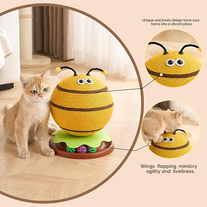 3-in-1 Modern Cat Ball Scratcher & Cat Toys for Indoor Cats/Kittens, Cute Orange/Frog/Bee Design with Bell Ball Track, Natural Sisal Cat Scratching Post, Space-Saving Interactive Cat Scratcher