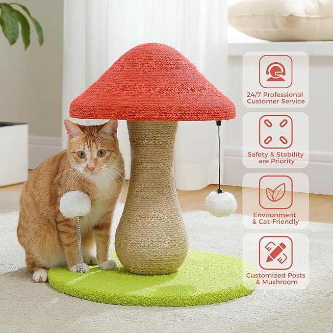 PETEPELA Mushroom Cat Scratching Post, Cat Scratcher Cute with 100% Sisal Covered Scratching Post & Pompoms Toy, Mushroom Cat Post for Indoor Cats