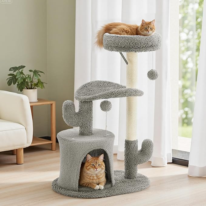 Sweetcrispy 33" Cat Tree Tower for Indoor Cats, Small Cat Scratching Post with Curved Bed, Cat Tree with Cat Condo for Adult, Grey