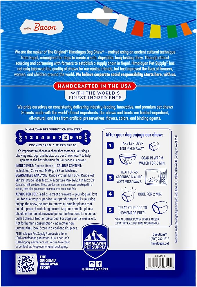 Himalayan Chew Original Yak Cheese Chew, Bacon, 3 Small Sticks, 1.1 oz, Gluten Free, Healthy Treats, Grain & Lactose Free 100% Natural, Long Lasting Chews for s Under 15 lbs