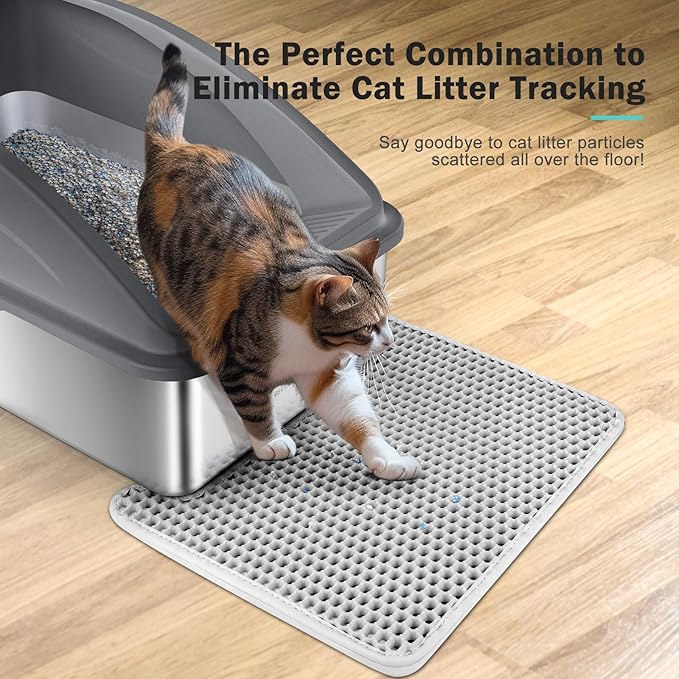 Stainless Steel Litter Box | XL Enclosed Cat Litter Boxs with Lid for Big Cats | High Sided, Anti-Urine Leakage | Non-Stick Bottom & Includes Litter Mat & Metal Scoop (Dark Gray)
