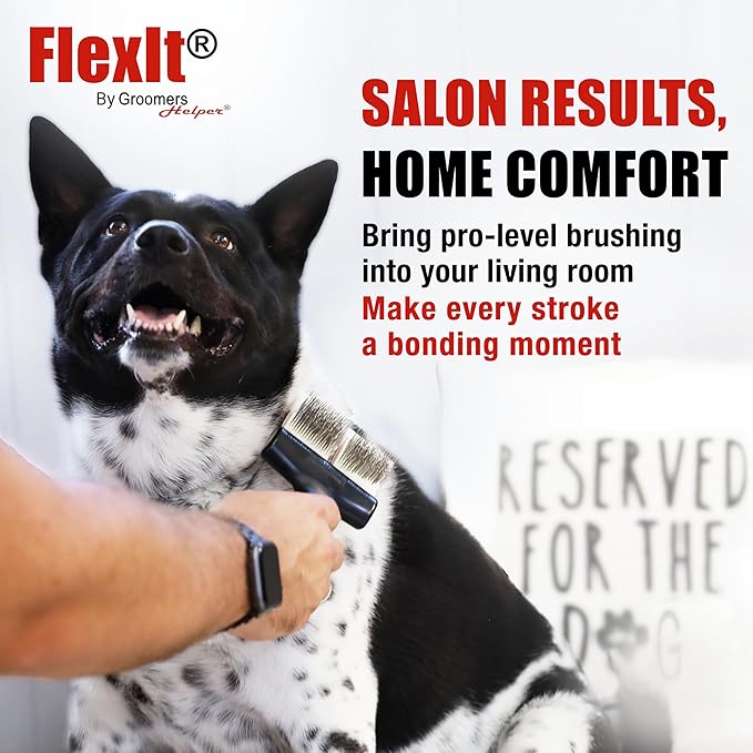 FlexIt Flexible Slicker Brush for Dogs - Professional 3-in-1 System & Video Trainings - Dual-Sided Dematting, Undercoating & Finishing Dog Grooming Brush by Groomers Helper (Single, Firm Flex)