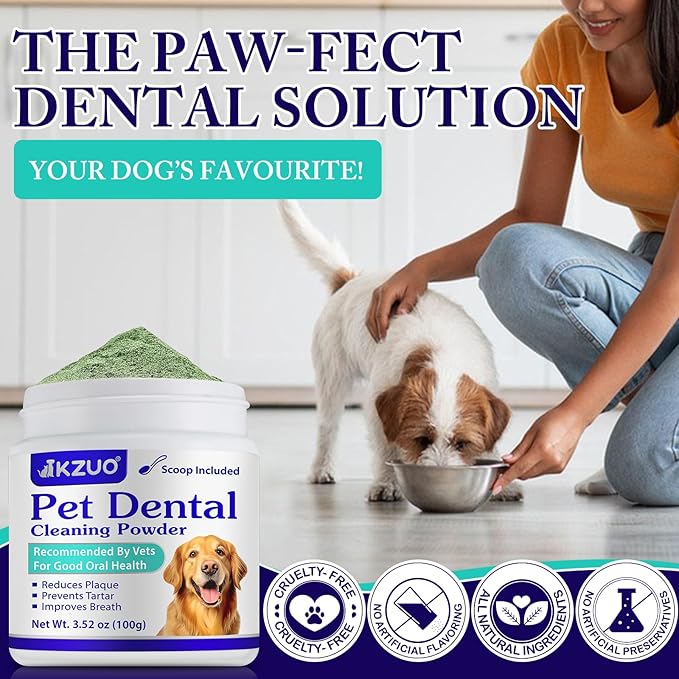 Dog Dental Powder - Dog Teeth Cleaning Powder - Tartar & Plaque Reducer - Bad Breath Solution - Easy Teeth Cleaning for Small, Medium, Large Dogs & Cats